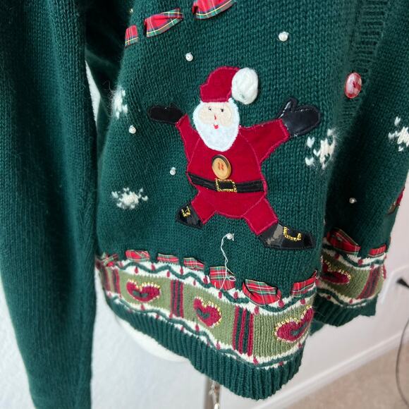 Vintage 90s Christmas Button Up Cardigan Sweater Santa Hearts Green Medium - Picture 3 of 9